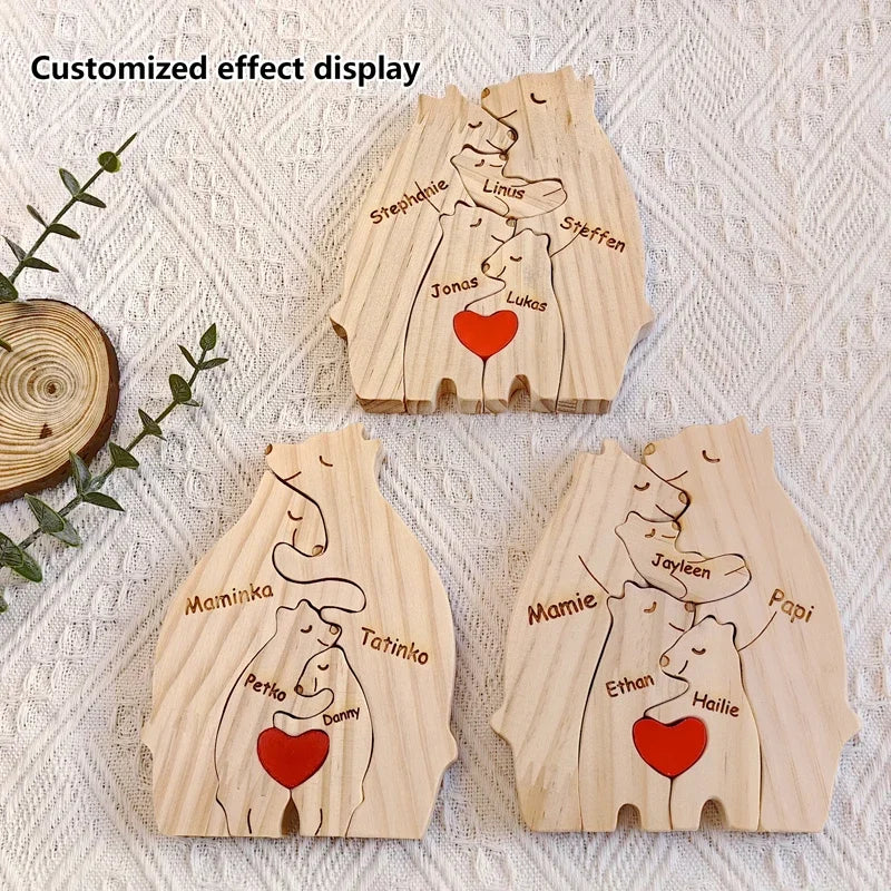 Tres puzzles de osos de madera personalizados con distintos nombres